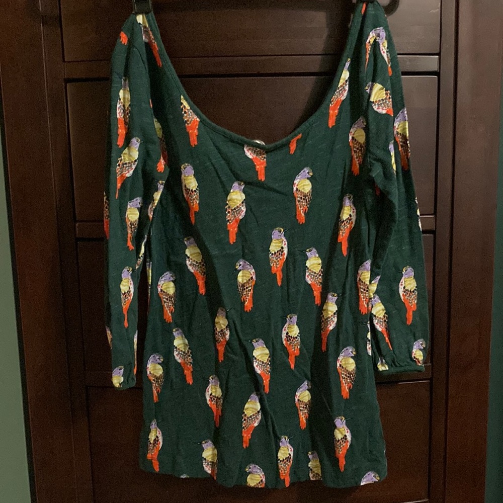 Anthropologie 9-HI5 S1CL Dark Green Bird 3/4 Sleeve Top XS